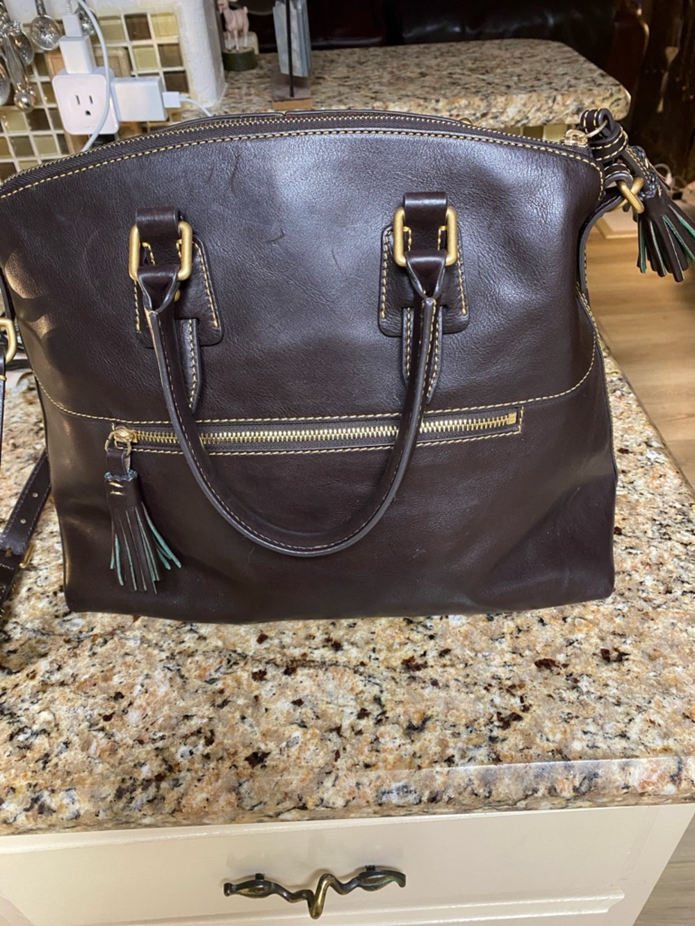 Dooney & Bourke Brown Leather Satchel with Tassel - Picture 3 of 7